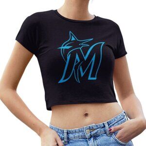 NEW Miami Marlins M Team Color Pop Form Fit Crop Top Shirt BLACK